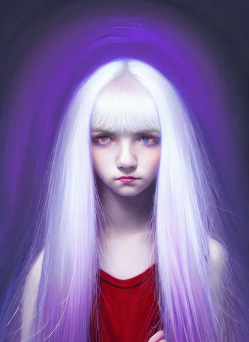 Image similar to hair whitebangs hair, black hair, whitebangs, portrait of teenage girl with white bangs, red irises, purple clothes, white bangs, bangs are different color from hair, intricate, elegant, glowing lights, highly detailed, digital painting, artstation, concept art, smooth, sharp focus, illustration, art by wlop, mars ravelo and greg rutkowski