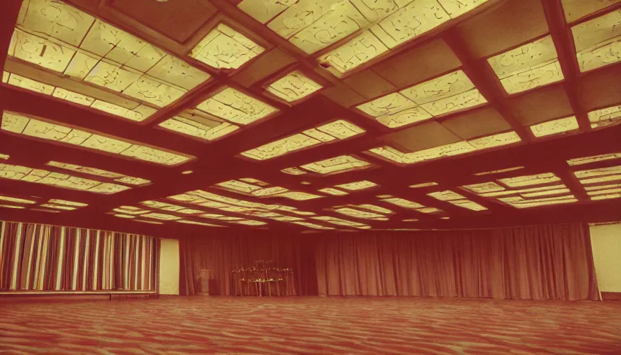 Image similar to 70s movie still of a ballroom with ceiling made of stairs , cinestill 800t Technicolor, heavy grain, high quality, criterion collection, liminal space style