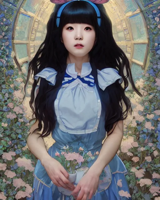 Image similar to symmetrical portrait of a pretty korean girl with blue hair dressed as a french maid digital painting, 8 k, concept art, art by wlop, artgerm, greg rutkowski and alphonse mucha