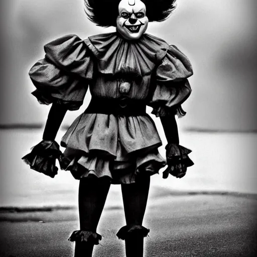 Image similar to Creepy full body shot of Pennywise the clown, old photo, grayscale