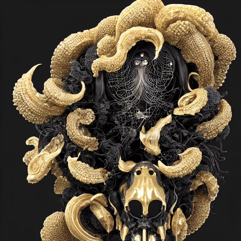 Image similar to black background. absolutely symmetrical sculpture. centered. goddess princess face close-up portrait ram skull. sculpture made of gold and black charcoal. jellyfish phoenix head, nautilus, orchid, skull, betta fish, bioluminiscent creatures, intricate artwork by Tooth Wu and wlop and beeple. octane render, trending on artstation, greg rutkowski very coherent symmetrical artwork. cinematic, hyper realism, high detail, octane render, 8k