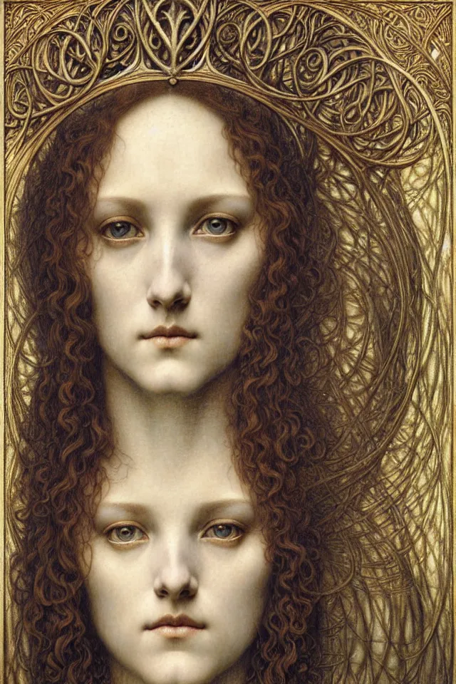 Image similar to detailed realistic beautiful young medieval queen face portrait by jean delville, gustave dore and marco mazzoni, art nouveau, symbolist, visionary, gothic, pre - raphaelite. horizontal symmetry