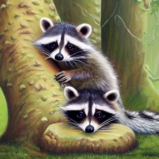 Image similar to cute baby raccoon sitting in magical forest detailed painting 4 k