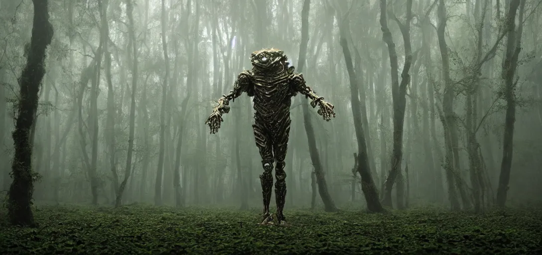 Image similar to a complex organic fractal 3 d metallic symbiotic ceramic humanoid megastructure creature in a swampy lush forest, foggy, cinematic shot, photo still from movie by denis villeneuve