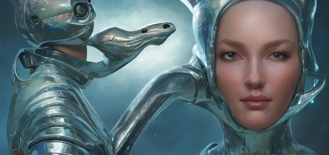 Prompt: face of a cute alien girl wearing shiny plastic armor in the style of roger dean and alberto vargas and stefan kostic, realistic, sharp focus, 8 k high definition, insanely detailed, intricate, elegant, art by greg rutkowski and artgerm, extreme blur coral reef background