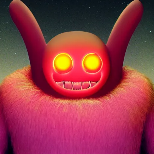 Image similar to an alien with a face that looks like a fuzzy peach the peach is fuzzy pink warm and ripe the alien has horns and a mean smile, 4k, highly detailed, high quality, amazing, high particle effects, glowing, majestic, soft lighting