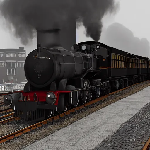 Image similar to a black steam locomotive pulling a train into a Victorian era crowded train station, slight fog, highly detailed, octane render, unreal engine 5