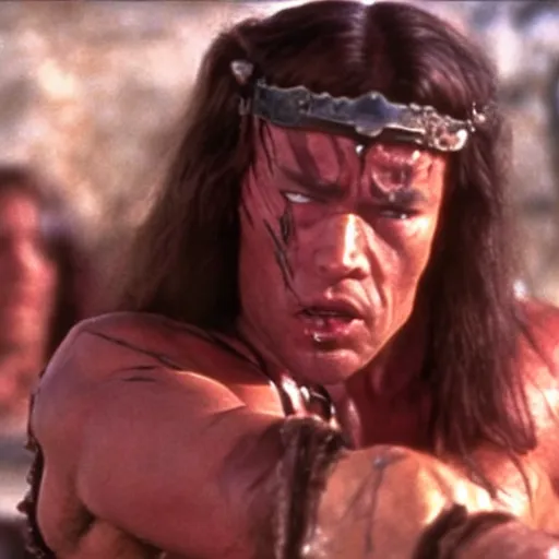 Prompt: still of Conan the barbarian in back to the future(1985)