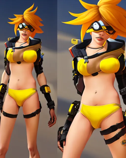 Image similar to tracer game character, in yellow bikini, blonde hair, black eyes, full height