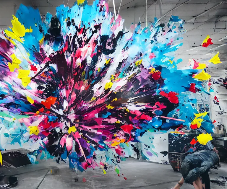 Prompt: acrylic and spraypaint action portrait of a giant origami flower bouquet battling in space, explosions, graffiti wildstyle, large brush strokes, painting, paint drips, acrylic, clear shapes, spraypaint, smeared flowers large triangular shapes, painting by ashley wood, totem 2, jeremy mann, masterpiece