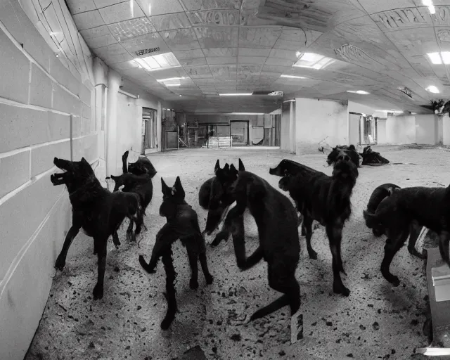 Prompt: camera footage of a Dozens of Aggressive Feral Black Dogs with rabies running in an abandoned shopping mall, high exposure, dark, monochrome, camera, grainy, CCTV, security camera footage, timestamp, zoomed in, Feral, fish-eye lens, Nightmare Fuel, Dog, Evil, Zerg, Brood Spreading, Motion Blur, horrifying, lunging at camera :4