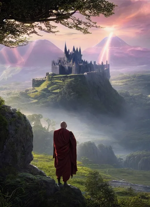 Image similar to a cosmic monk in lord of the rings scenery landscape, looking out at a vast lush valley at sunrise, temple castle in the distance, god's rays, highly detailed, vivid color, cinematic lighting, perfect composition, 8 k, gustave dore, derek zabrocki, greg rutkowski, belsinski, octane render