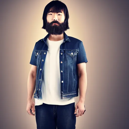 Image similar to japanese man with beard wearing short denim and leather clothes, full body portrait, dynamic lighting