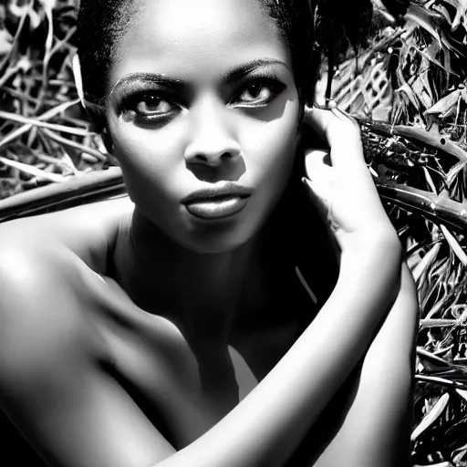 Prompt: beautiful black and white photograph of a model at a high end photoshoot in Barbados