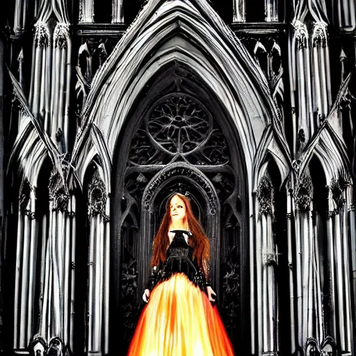 Prompt: 1 8 mm gothic girl dressed in black, behind her a gothic cathedral, dramatic lights, dark ambients, the windows of the cathedral are reflecting red flame lights, golden hour, detailed face, intricate ornaments