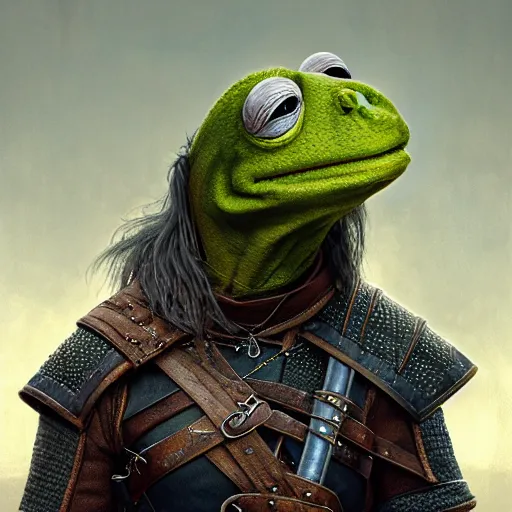 Prompt: Epic Masterpiece head and shoulders portrait of Kermit as Geralt in the Witcher 3 Wild Hunt drawn by Donato Giancola and Tom Bagshaw, Edmund Leighton, Alphonse Mucha, 4k, volumetric lighting, komorebi, trending on artstation, octane render, hyperrealistic