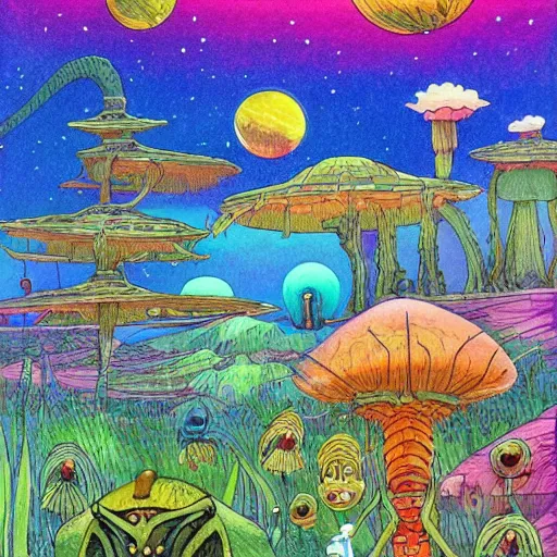 Image similar to the landscape of an alien planet with strange plants and animals. Hand drawing in the style of Miyazaki. Beautiful and colorful.