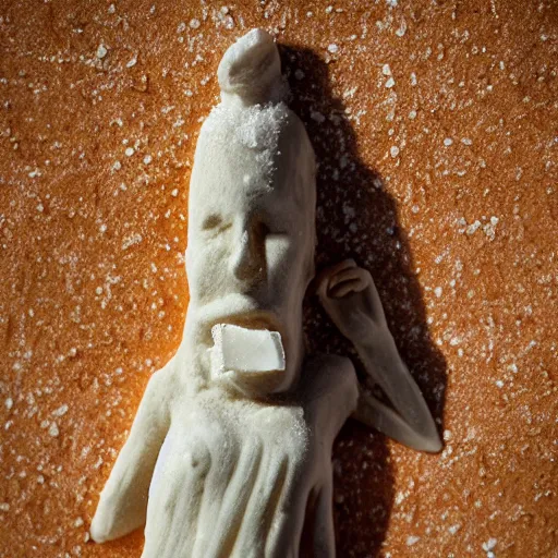 Prompt: salt woman covered in salt shaped like a 30 year old woman in ancient Canaanite clothing, desert drought background. 40mm lens, shallow depth of field, split lighting