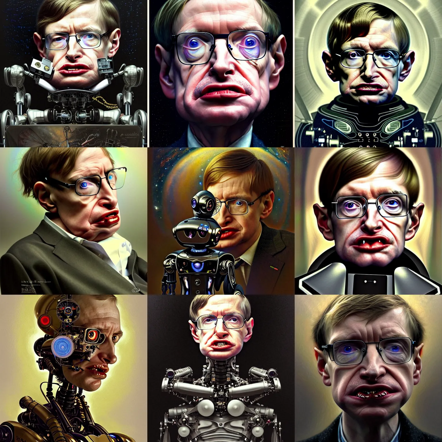 Prompt: stephen hawking's as a robot, diffuse lighting, fantasy, intricate, elegant, highly detailed, lifelike, photorealistic, digital painting, artstation, illustration, concept art, smooth, sharp focus, art by john collier and albert aublet and krenz cushart and artem demura and alphonse mucha