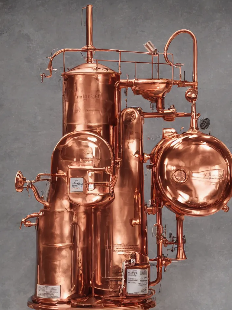 Image similar to microwave powered cognac distilling pot, copper metallic, electric, detailed, slightly steamy, commercial photo, 2 - point perspective, spot lighting