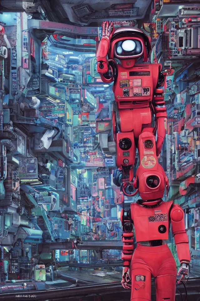 Image similar to CHAPPIE robot In A Red Adidas Track Suit In Neo Tokyo with Die Antwoord and Aphex Twin DJing in the Background , full figure, stormy weather, extremely detailed masterpiece, low-key neon lighting, artstation, 2001: A Space Odyssey, Roger Deakin’s cinematography, by J. C. Leyendecker and Peter Paul Rubens and Edward Hopper and Michael Sowa