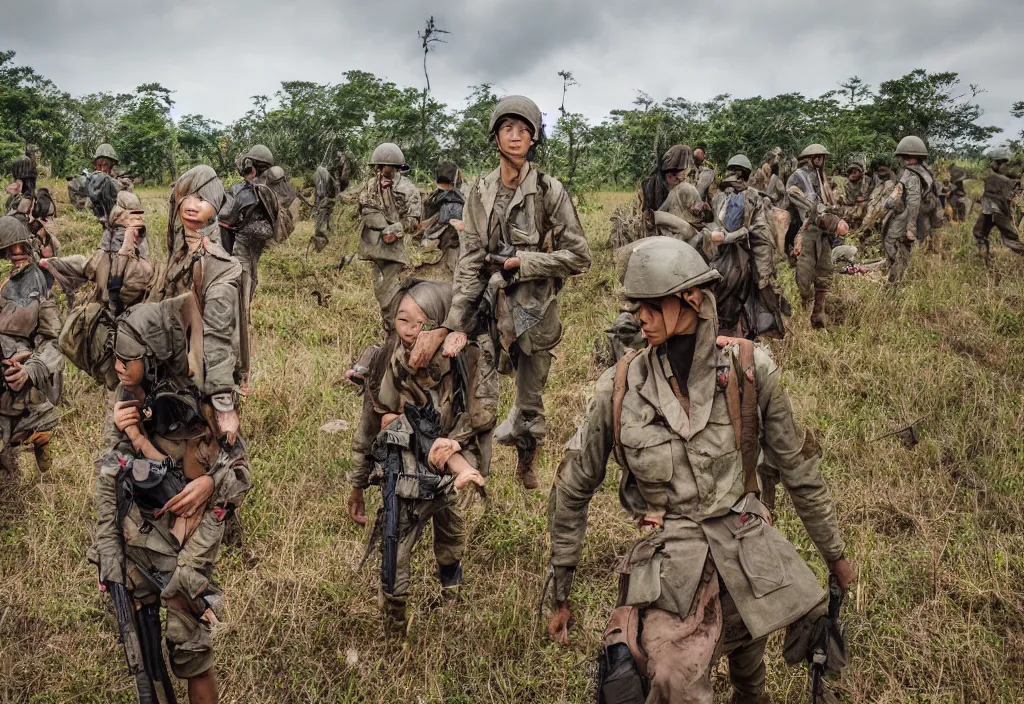 Prompt: fashion editorial in Vietnam war battlefield. wide angle shot. highly detailed.