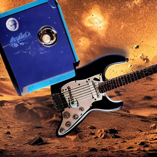 Image similar to photo of a detailed, realistic, regular sized, sitting idle fender electric guitar. a sitting idle beer can. an astronaut sitting down on the moon surface. detailed photo. realistic photo. cinematic. cinematic shot