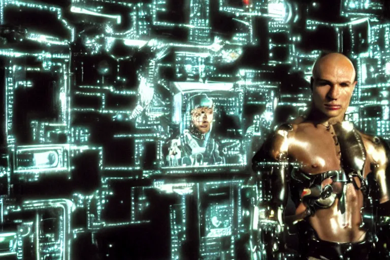 Image similar to cyborg - pitbull, surrounded by screens, in 2 0 0 1, y 2 k cybercore, industrial low - light photography, still from a ridley scott movie