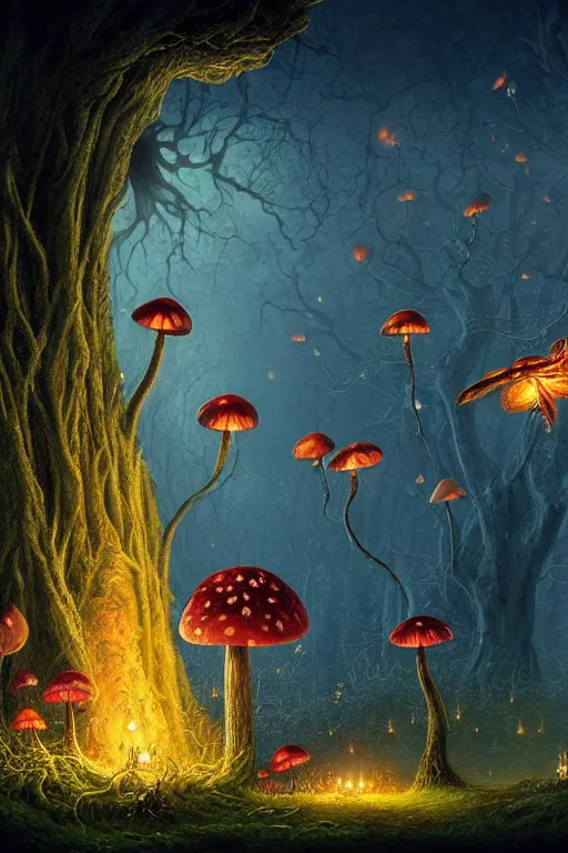 Image similar to a beautiful digital illustration painting of a detailed gothic fantasy fireflies and roots, dark mushroom, flowers by benoit b. mandelbrot, steven belledin, martin johnson heade, lee madgwick, caspar david friedrich, and david rios ferreira. 8 k resolution trending on artstation concept art digital illustration