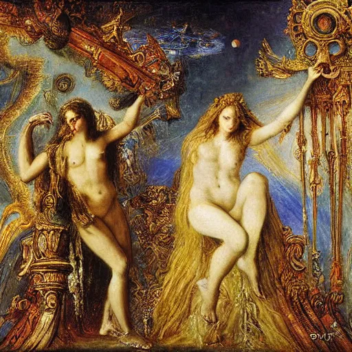 Prompt: a symbolist painting about the lie we live in the style of Jupiter and Semele by Gustave Moreau