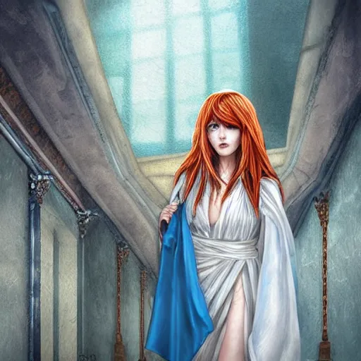 Prompt: maiden with copper hair, in blue and silver rustic wedding robes with metallic inlays, walking down a marble stairwell, realistic, mysterious lighting, muted colors, fog, highly detailed, digital painting, Artstation trending, illustration, artist style by deviantart artists skfuu and skunkyfly and nixeu, anime realism