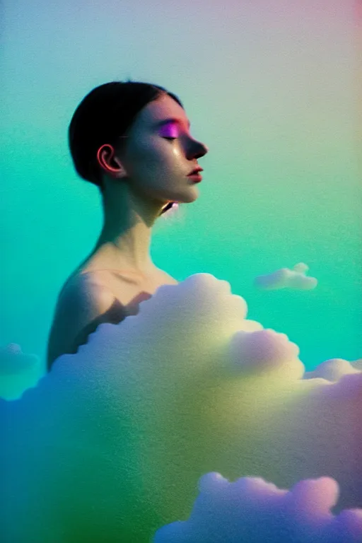 Image similar to high quality pastel coloured film close up wide angle photograph of a model wearing clothing swimming on cloud furniture in a icelandic black rock!! environment in a partially haze filled dreamstate world. three point light, rainbow. photographic production. art directed. pastel colours. volumetric clouds. pastel gradient overlay. waves glitch artefacts. extreme facial clarity. 8 k. filmic.