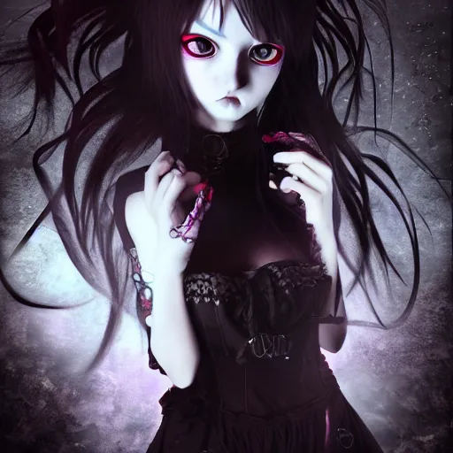 Prompt: photorealistic full shot portrait of angry darkness anime girl, gothic clothing, worrying eyes, inspired by Tim Burton, detailed, unreal engine 4k volumetric light, fog,