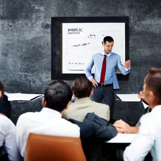Image similar to photo of a businessman pitching his portfolio to a table of other businessmen