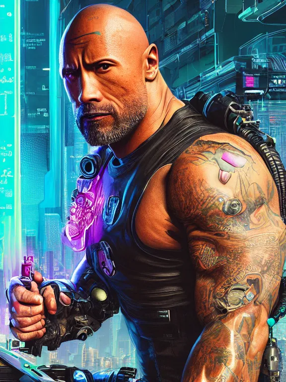 Image similar to a cyberpunk 2077 portrait of Dwayne Johnson put his arms around a female android , complex mess of cables and wires behind them connected to giant computer, love,film lighting, by laurie greasley,Lawrence Alma-Tadema,William Morris,Dan Mumford, trending on atrstation, full of color, highly detailed,8K, octane, Digital painting,golden ratio,cinematic lighting