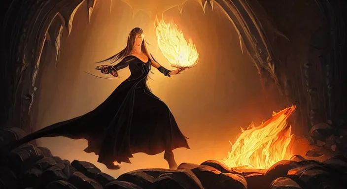 Image similar to A female sorceress in an elegant black silk dress fighting a black dragon in a dark cave lit by fire explosions, D&D, fantasy, intricate, elegant, highly detailed, digital painting, artstation, concept art, matte, sharp focus, illustration, hearthstone, art by Artgerm and Greg Rutkowski and Alphonse Mucha