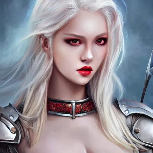 Prompt: realistic beautiful gorgeous natural cute fantasy badass epic paladin knight tanned skin tribal girl white blonde hair beautiful eyes full red lips art drawn full HD 4K highest quality in artstyle by professional artists WLOP, Taejune Kim, JeonSeok Lee, ArtGerm, Ross draws, Zeronis, Chengwei Pan on Artstation