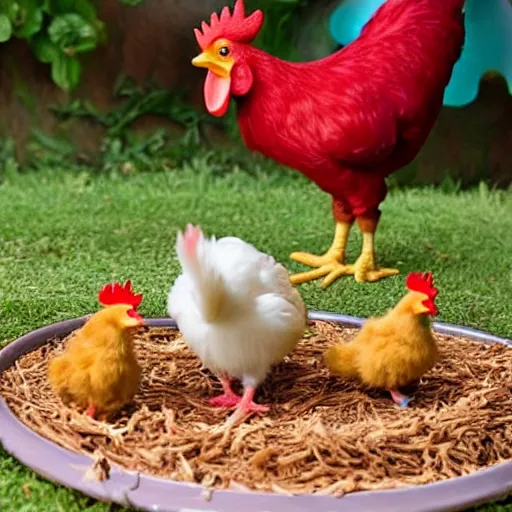 Prompt: one small hatchling baby chick and one big rooster stand near a birthday cake