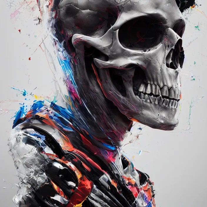 Image similar to portrait of a skull in a racing suit. intricate abstract. intricate artwork. by Tooth Wu, wlop, beeple, dan mumford. octane render, trending on artstation, greg rutkowski very coherent symmetrical artwork. cinematic, hyper realism, high detail, octane render, 8k, iridescent accents