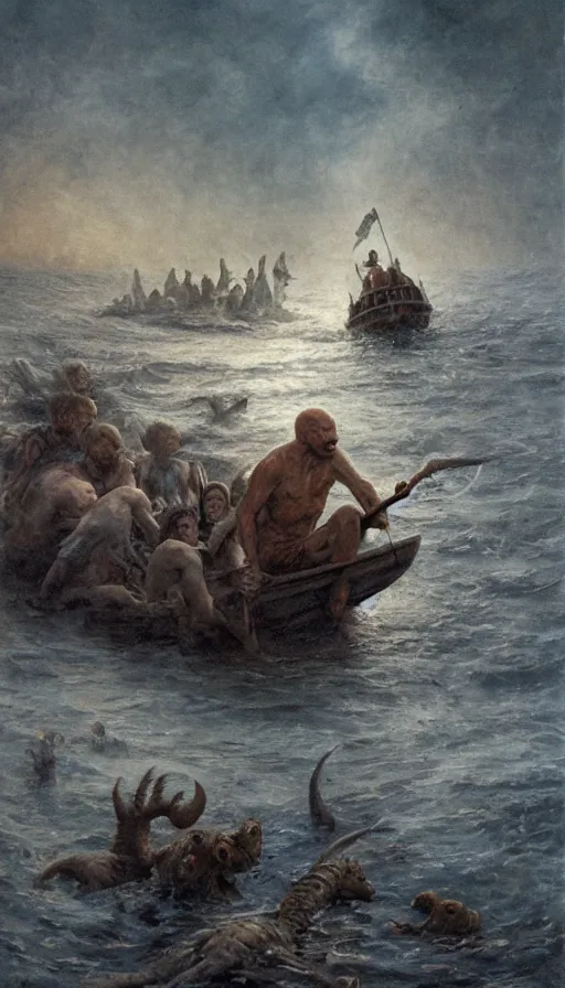 Image similar to man on boat crossing a body of water in hell with creatures in the water, sea of souls, by james gurney