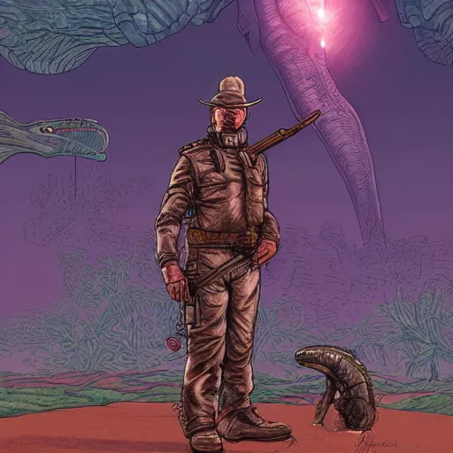 Image similar to digital illustration of futuristic big game hunter sitting for a photo next to his large alien creature, proud, feat, style of moebius, wild world, large really long futuristic rifle with scope, colonial helmet