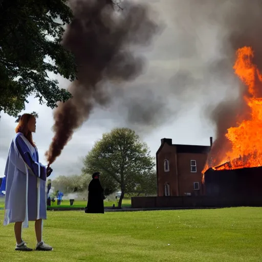 Prompt: university lecturer in gown and mortar, folk horror, campus on fire