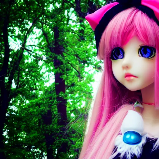 Image similar to hyper kawaii anime elf doll, druid theme, somber portraits, pursed lips, green eyes, bokeh background