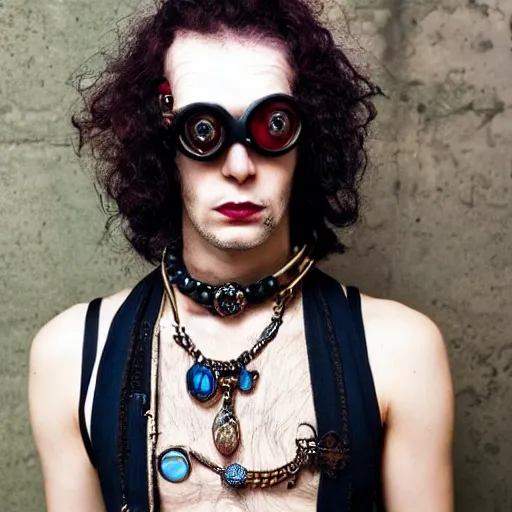 Image similar to a eccentric goth guy wearing goggles and eclectic jewelry, small details, aesthetic!!!,