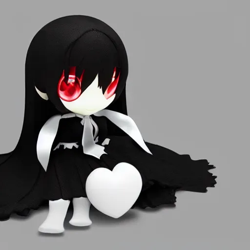 Image similar to cute fumo plush of a pure vantablack girl with a white glowing heart, lens flare, gothic regal, vray