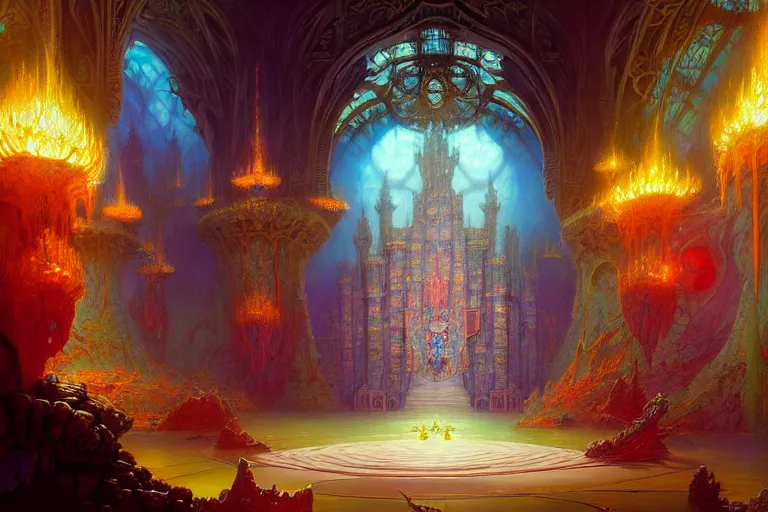 Prompt: the inner throne room of the massive fantasy castle, vivid intricate vibrant elaborate pastel inks, background landscape environment illustration, brad rigney willian murai ilya repin dragan bibin pete mohrbacher, raymond swanlandy stephan matiniere.