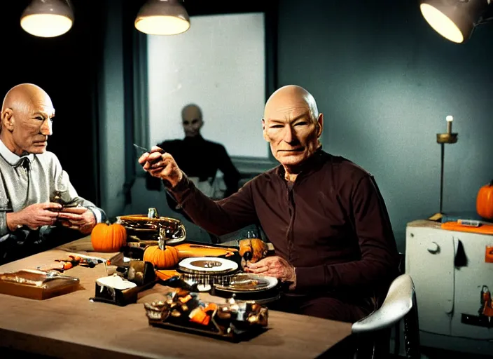 Image similar to a scene from a 2 0 2 0 s halloween kills, patrick stewart is eating from a can of beans, vhs distortion, cathode ray tube distortion, folk horror, hauntology, 8 k, 8 5 mm f 1. 8, studio lighting, rim light, right side key light
