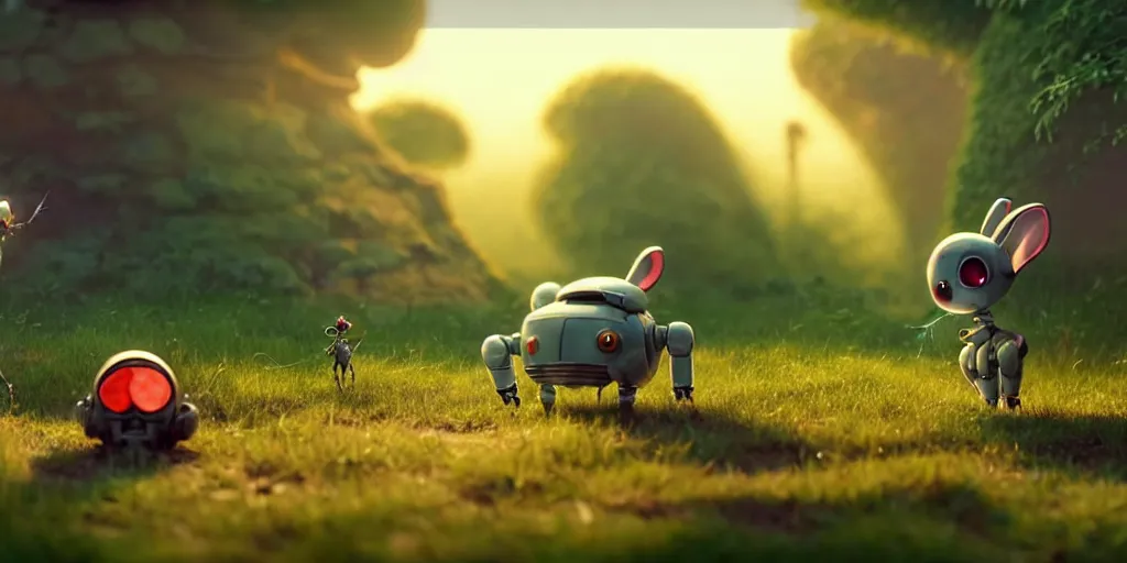 Prompt: a wholesome animation key shot of a post apocalyptic 8 0's cute robotic bunny and spider, vegetation, warm evening light by studio ghibli, no dof, everything sharp, animation, sharp, rendered in unreal engine 5, focused, anime key art by greg rutkowski, bloom, dramatic lighting