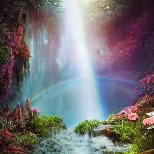 Image similar to an hidden waterfall, beautiful, atmosphere, vibe, mist, rainbow, wet, puddles, fern, flowers, concept art illustration, color page, tone mapping, akihiko yoshida, james jean, andrei riabovitchev, marc simonetti, digital illustration, greg rutowski, volumetric lighting, sunbeams, particles