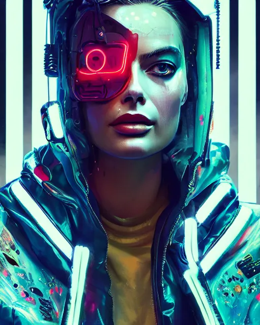 Image similar to neon operator margot robbie, cyberpunk futuristic neon, reflective puffy coat, decorated with traditional japanese ornaments by ismail inceoglu dragan bibin hans thoma greg rutkowski alexandros pyromallis nekro rene maritte illustrated, perfect face, fine details, realistic shaded, fine - face, pretty face